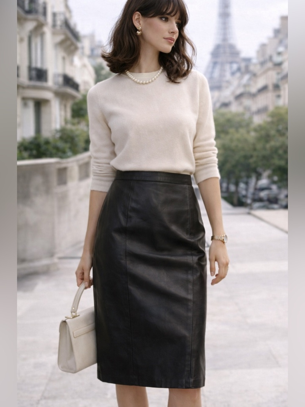 Vintage 100% Leather Evan Davies Black   Skirt High Waist Tailored Midi Sz 2P